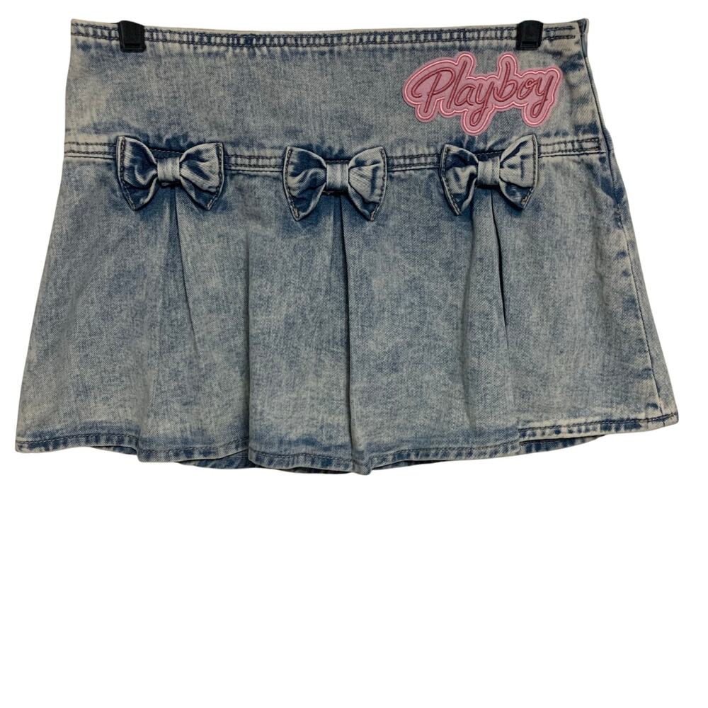 Y2k Acid Wash Playboy Embordered Denim Skirt Womens Size  5